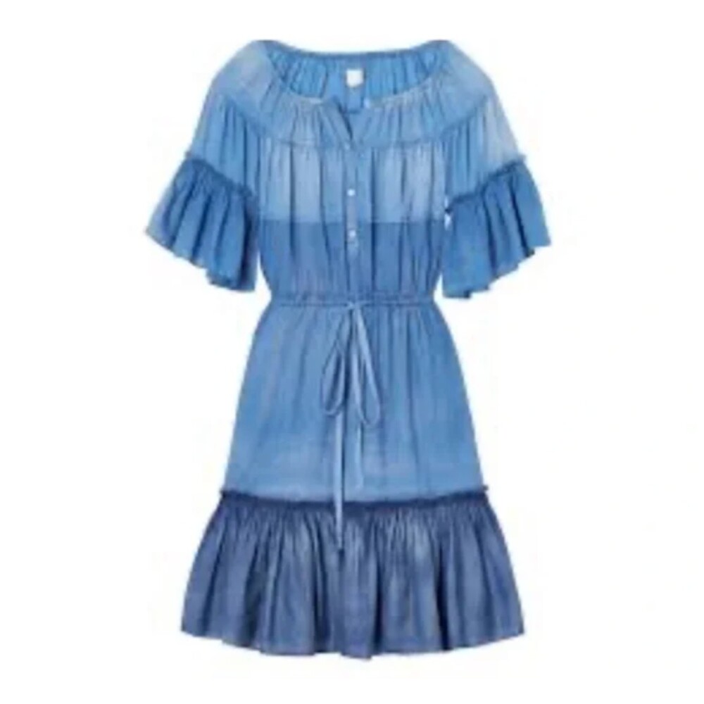 La Vie Rebecca Taylor Scoop Neck Ruffle Denim Blue Dress Oversized Size XS